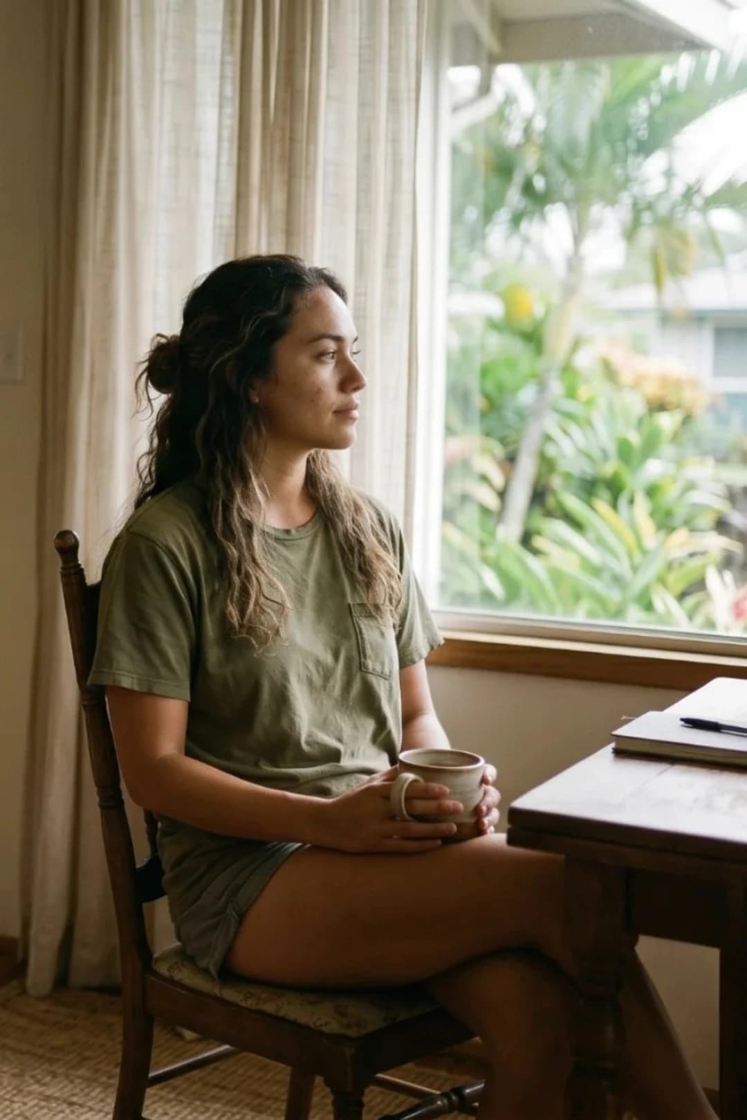 A person sitting by a window in a warm Hawaiʻi home