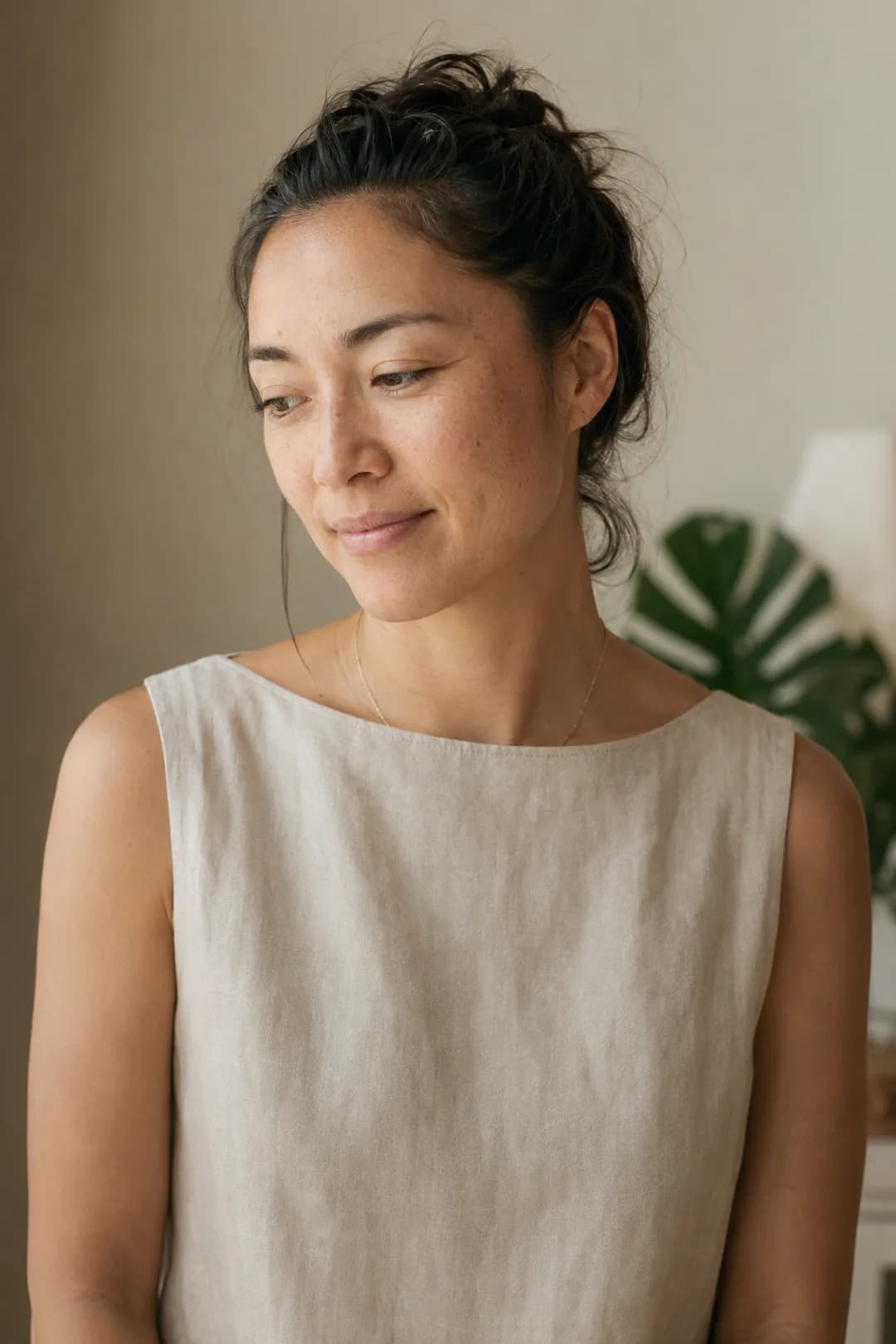 A woman at home in Hawaiʻi, looking down with a calm, relieved smile